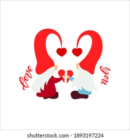 Cute Valentine s Day couple gnome with heart. Vector illustration. Love you script. Motivational quote. Template for greeting card, label, tag, print for clothes, mug, pillow, crafting. Cut file