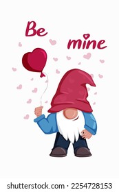 Cute Valentine s Day gnome boy with balloon in shape of heart in hand. Vector isolated illustration, cartoon flat character. Be mine quote. Template for greeting card, label, tag, print 