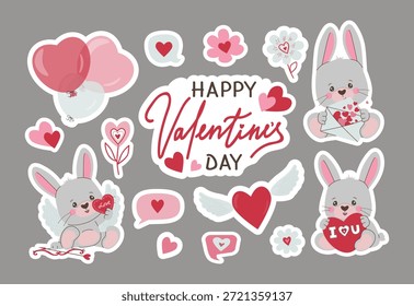 Ilustração vetor Dia dos Namorados bonito uma coleção de adesivos de amor com coelhinhos adoráveis com elementos do coração, balões, e mensagens de amor. Perfeito para cartões de felicitações românticos e desenhos festivos.