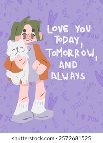 Cute Valentine Scene. Sweet cartoon figure hugging a cat on a pastel purple background with hand-drawn love elements. Ideal for Valentine’s Day cards, posters, and heartfelt designs.