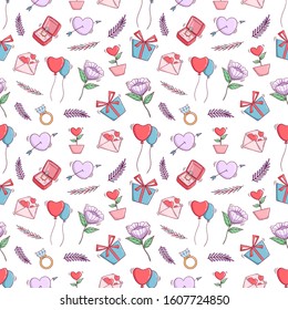 Cute valentine seamless pattern with colorful doodle style on white background