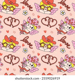 Cute Valentine Seamless Pattern Cowboy Cupid Western cartoon hand drawn isolated on background