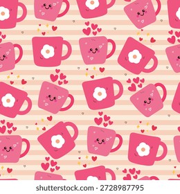 bonitinho sem emenda padrão mão desenhado desenho animado copo rosa com corações em listras rosa papel de parede