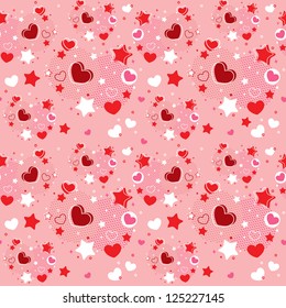 Cute Valentine seamless pattern with hearts, stars and halftone