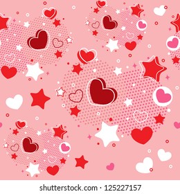 Cute Valentine seamless pattern with hearts, stars and halftone