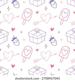 Bonito Valentine Padrão sem emenda com corações, presentes, morangos e doces Pops