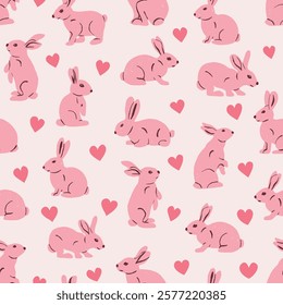 Cute Valentine Seamless Pattern with Pink Bunnies and Hearts