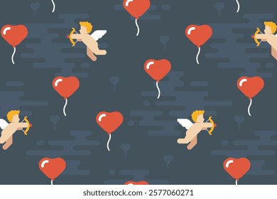 Cute Valentine seamless pattern with red heart balloons and cherubs on a dark navy blue background.