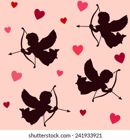 Cute valentine seamless pattern with silhouettes of angels cupids with bows, arrows and hearts, vector illustration background 