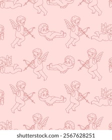 Cute valentine seamless pattern with silhouettes of angels cupids with arrows and hearts. Vector illustration background.