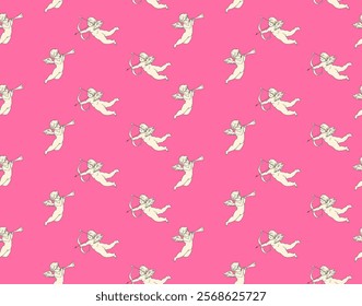 Cute valentine seamless pattern with silhouettes of angels cupids with arrows. Vector Valentines Day illustration background.