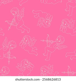 Cute valentine seamless pattern with silhouettes of angels cupids with arrows. Vector Valentines Day illustration background.