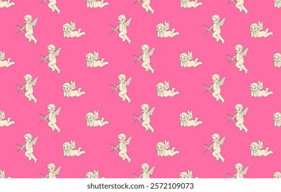 Cute valentine seamless pattern with silhouettes of angels cupids with arrows. Vector Valentines Day illustration background.