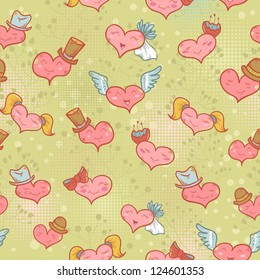 Cute Valentine seamless pattern with smiling hearts with expression on their faces
