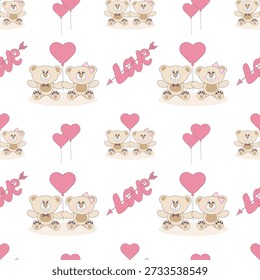 Lindo patrón de San Valentín sin fisuras con osos de peluche y corazones