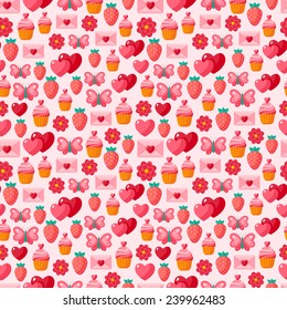 Cute Valentine seamless vintage pattern. Vector illustration for romantic nostalgia design. Happy Valentine's day with sweet cupcake, love letter, ripe strawberries, butterfly and hearts.