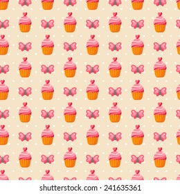 Cute Valentine seamless vintage pattern. Vector illustration for romantic nostalgia design.Sweet cupcake, butterfly and hearts. 