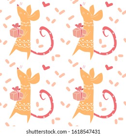 Cute valentine seamlless pattern with  long tale yellow rat hearts and white background for gift wrapping 14 february holiday stock vector illustration
