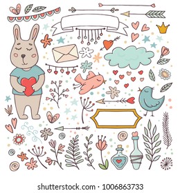 Cute Valentine set - funny bunny and doodles