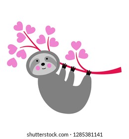 cute valentine sloth vector hanging from branch with hearts
