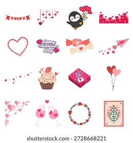 Conjunto de adesivos bonitos Valentine. Elementos de bolo de pinguim vetorial e carta de amor para decoração romântica de férias