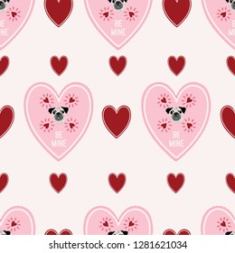 Cute Valentine Themed Vector Seamless Pattern Of A Pug Surrounded By Hearts And A “Be Mine” Message. Fawn Pug, Pink And Red Hearts. Great For Dog Lovers, Valentine’s Day, Pug Adoptions Or A New Puppy.