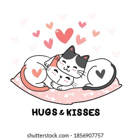 Cute Valentine two cat couple in hug with heart love on cozy couch , cartoon doodle drawing illustration style for greeting card, nursery, product printable