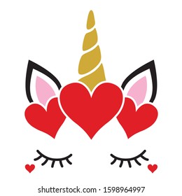 Cute Valentine unicorn face with hearts vector illustration. 