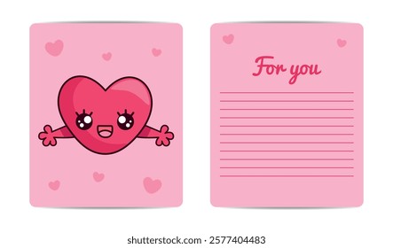 Cute valentine with wishes. Valentine's Day card with pink heart in kawaii style. You can add your own text