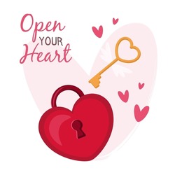 Banderole De La Saint-Valentin. Serrure De Coeur Et Clé Avec Ailes. Ouvre Ton Coeur !