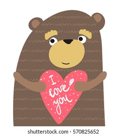 Cute Valentine's Bear with heart and inscription I love you. Can be used as Valentines Card, t-shirt print, etc