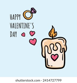 Cute valentines card with candle, diamond engagement ring, hearts and text Happy Valentine's Day