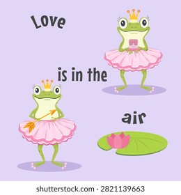 A cute Valentine's card featuring ballerina frogs and the inscription Love is in the air. A romantic vector illustration with playful frogs wearing pink tutus and crowns.