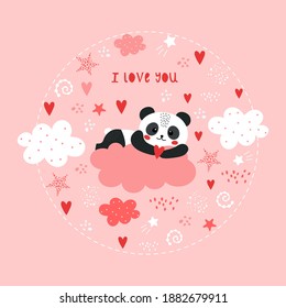 Cute valentines card with panda. Printing on paper, textile, fabric, wallpaper.