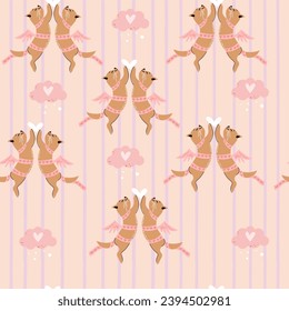 Cute valentines cats, clouds and hearts seamless pattern on a pink background. Valentine's Day concept. Vector illustration for kids