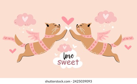 Cute valentines cats and hearts. Card for Valentine's Day. Cartoon vector illustration for kids