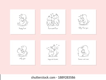 Cute valentines with cats. Set of illustrations of hugging cats on a white background. Vector 10 EPS.