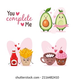 Cute Valentine's characters. Halves of avocado , ketchup and french fries, cup of cocoa and cupcake in love. You complete me. 