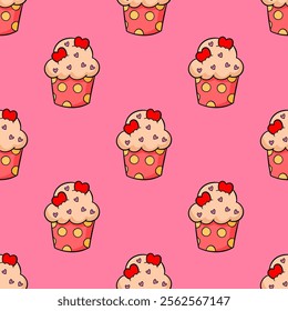 Cute Valentines cupcakes seamless pattern background.