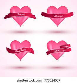 Cute valentines day 2x2 flat love cards with pink hears and ribbons isolated on light pink background vector illustration