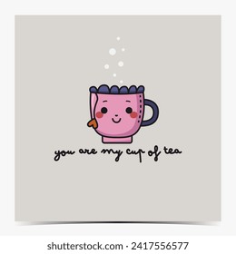 Cute Valentine's Day, anniversary, engagement greeting card, poster, template, label with pink and purple cup of tea