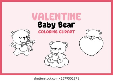 A cute Valentine's Day baby bear coloring clipart set featuring adorable teddy bears with hearts, bows, and love-themed elements