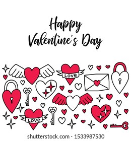 Cute Valentine's Day background with doodles of hearts in line art style for your decoration