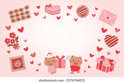 A cute Valentine's Day background frame with a couple of adorable bears (animals) holding presents, lots of hearts