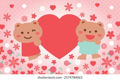 A cute Valentine's Day background frame featuring a couple of adorable bears (animals) holding hearts