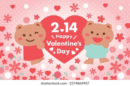 A cute Valentine's Day background frame featuring a couple of adorable bears (animals) holding hearts