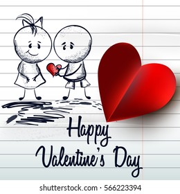 Cute valentine's Day background with hand drawn couple and heart on a paper sheet