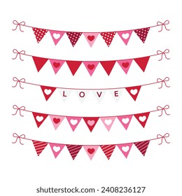 Cute valentine's day bunting flags. Happy Vday Hanging banner. Valentines heart shape garland in pastel color. Greeting card elements. Cute vector illustration for decoration.