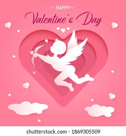 cute valentines day card with angel and hearts, paper cut effect