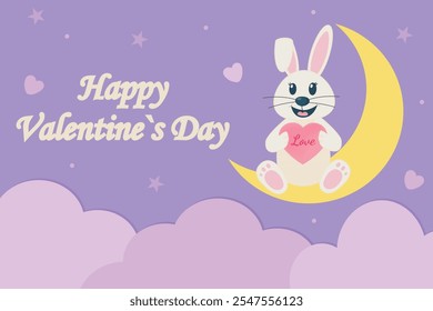 Cute Valentines Day card with a bunny holding a heart sitting on a crescent moon in a pastel sky. Design for celebration and season decoration, branding, banner, cover, label, card
